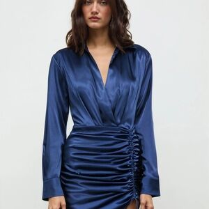 Cider Midnight Blue Satin Dress with Gathered Side